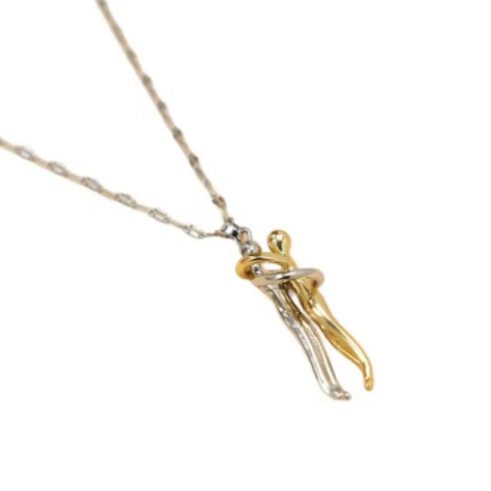 Two Tone Hugging Couple Pendant Necklace Gold Silver Romantic Valentine Jewelry